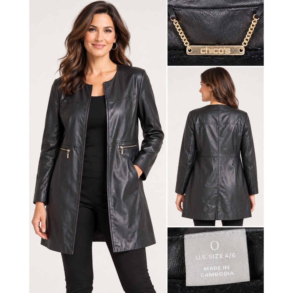Chicos  Leather Topper Jacket Open Front Longline Coat Black Faux Size 0 US 4/6